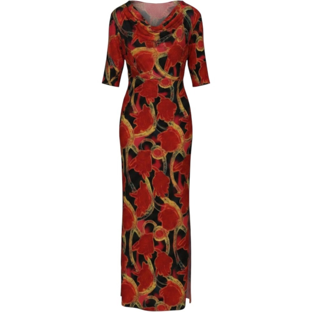 NWT Aliki Yamani Creations Red Floral Chain Silk Velvet Cowl Neck Maxi Dress Med
